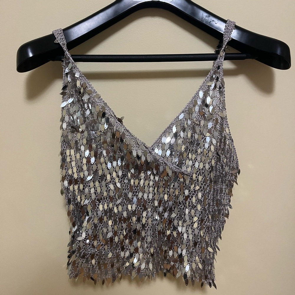SOLD Sequin silver crochet tank top